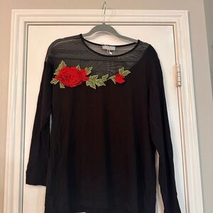 Black Long Sleeve Top with Red Floral Design